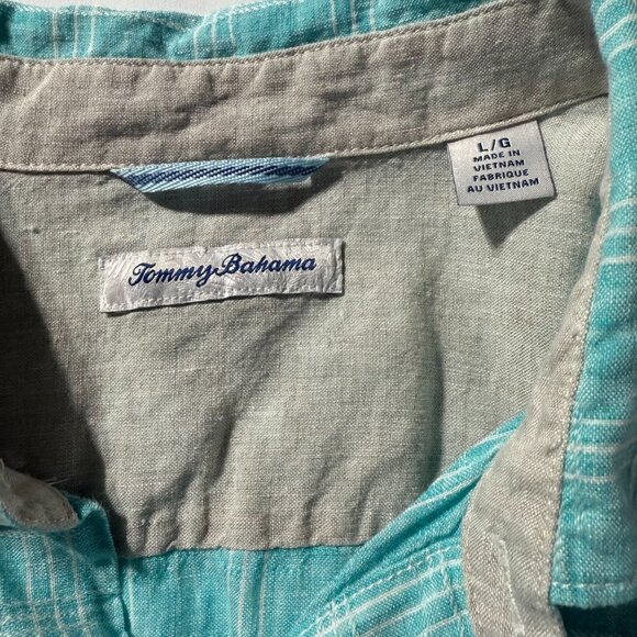 Tommy Bahama Mens‎ Shirt L Large Turquoise Linen Plaid Button Down Beach Spring - Picture 4 of 11